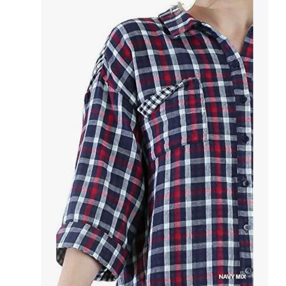 Umgee Women's Plaid Gingham Light Weight Cotton Button Up Tunic Top Plus Size 1X - Picture 4 of 12